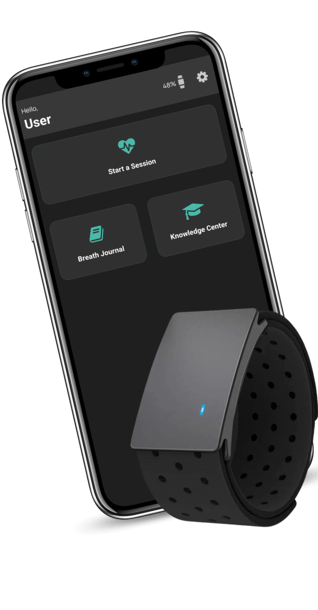 BaroShift wearable armband alongside the companion mobile app, showing the session start screen