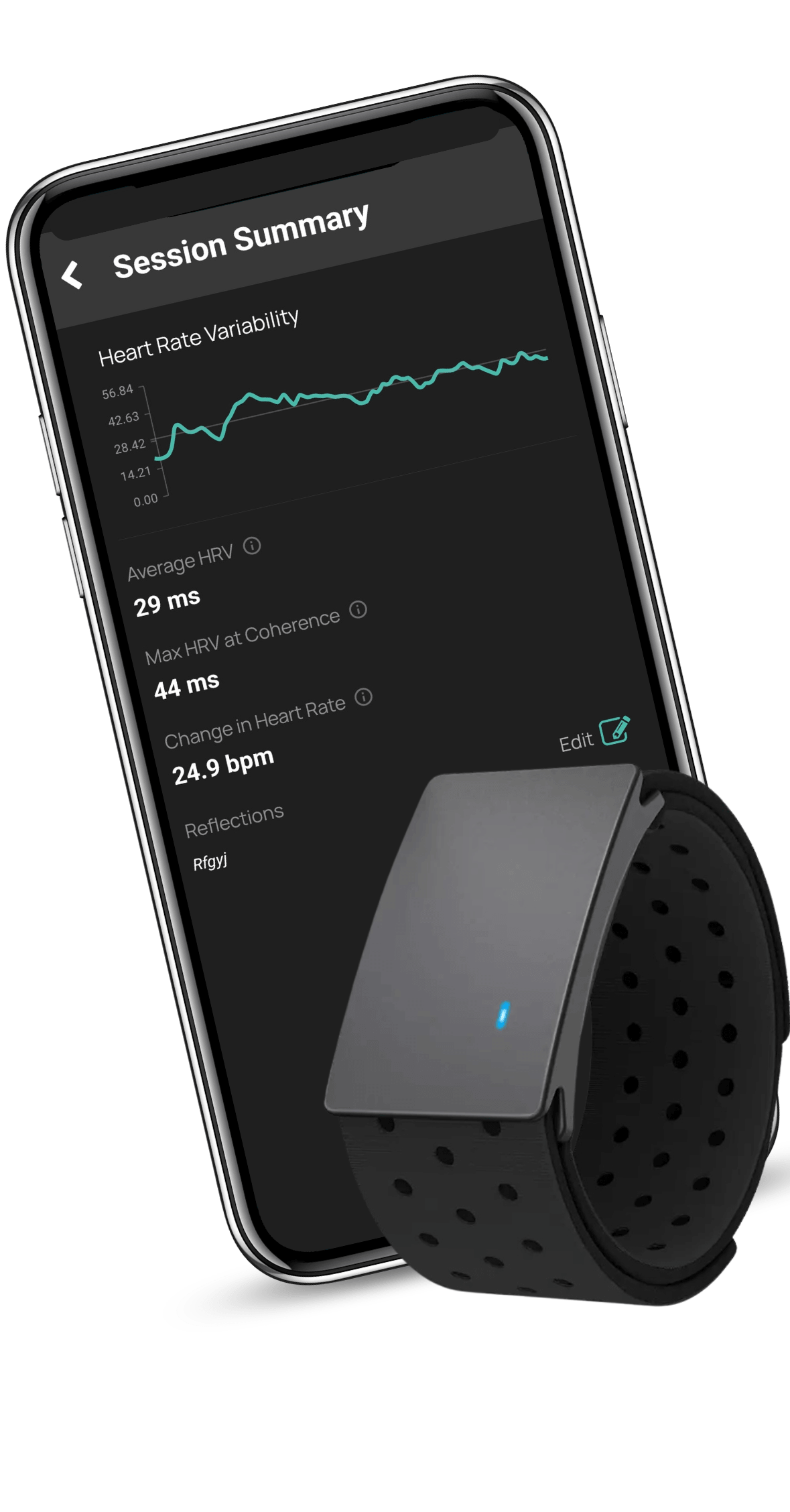 BaroShift Momentum Bundle — HRV session summary screen with armband device