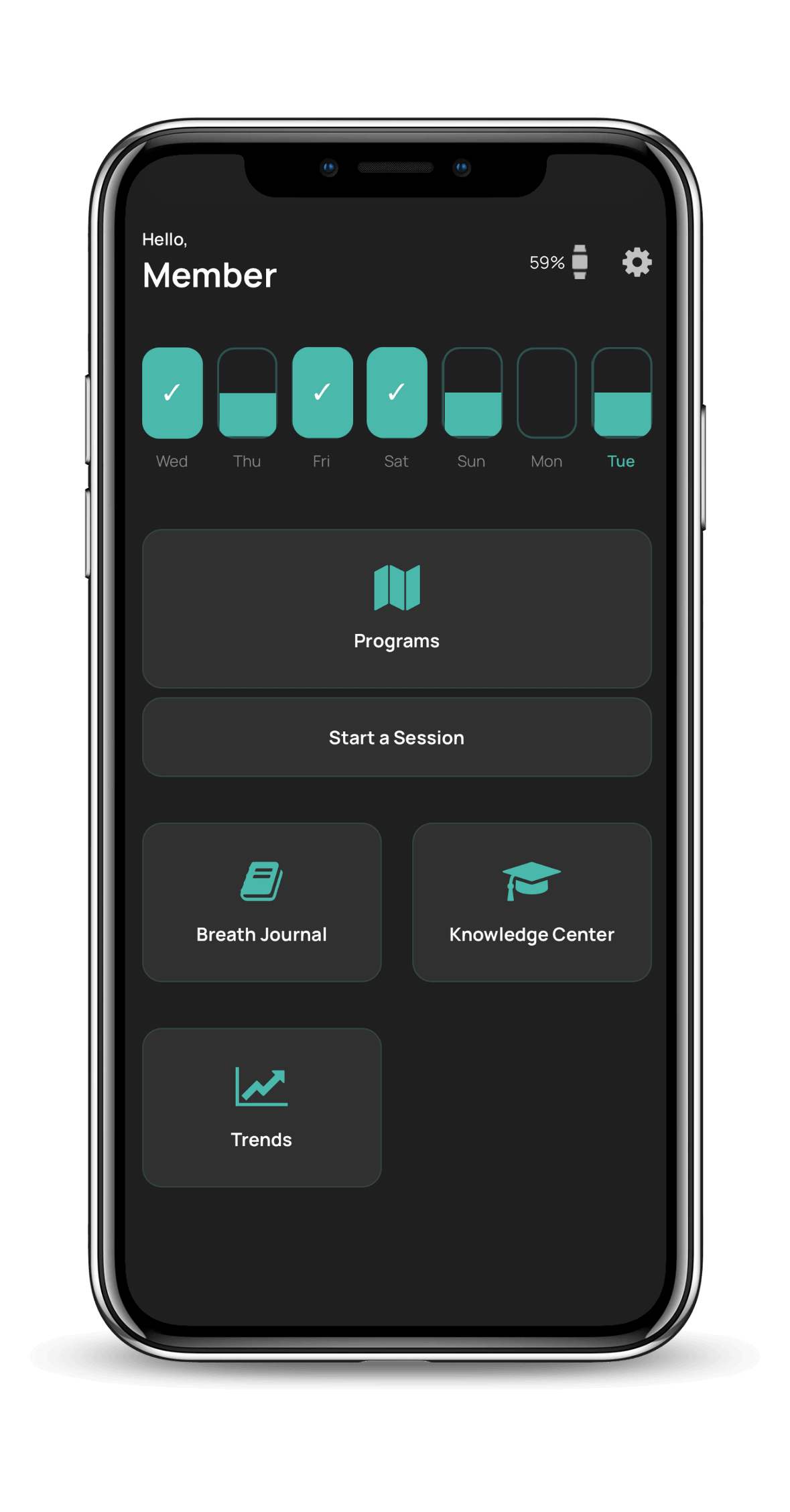 BaroShift app home screen showing the weekly training streak, programs, and session shortcuts