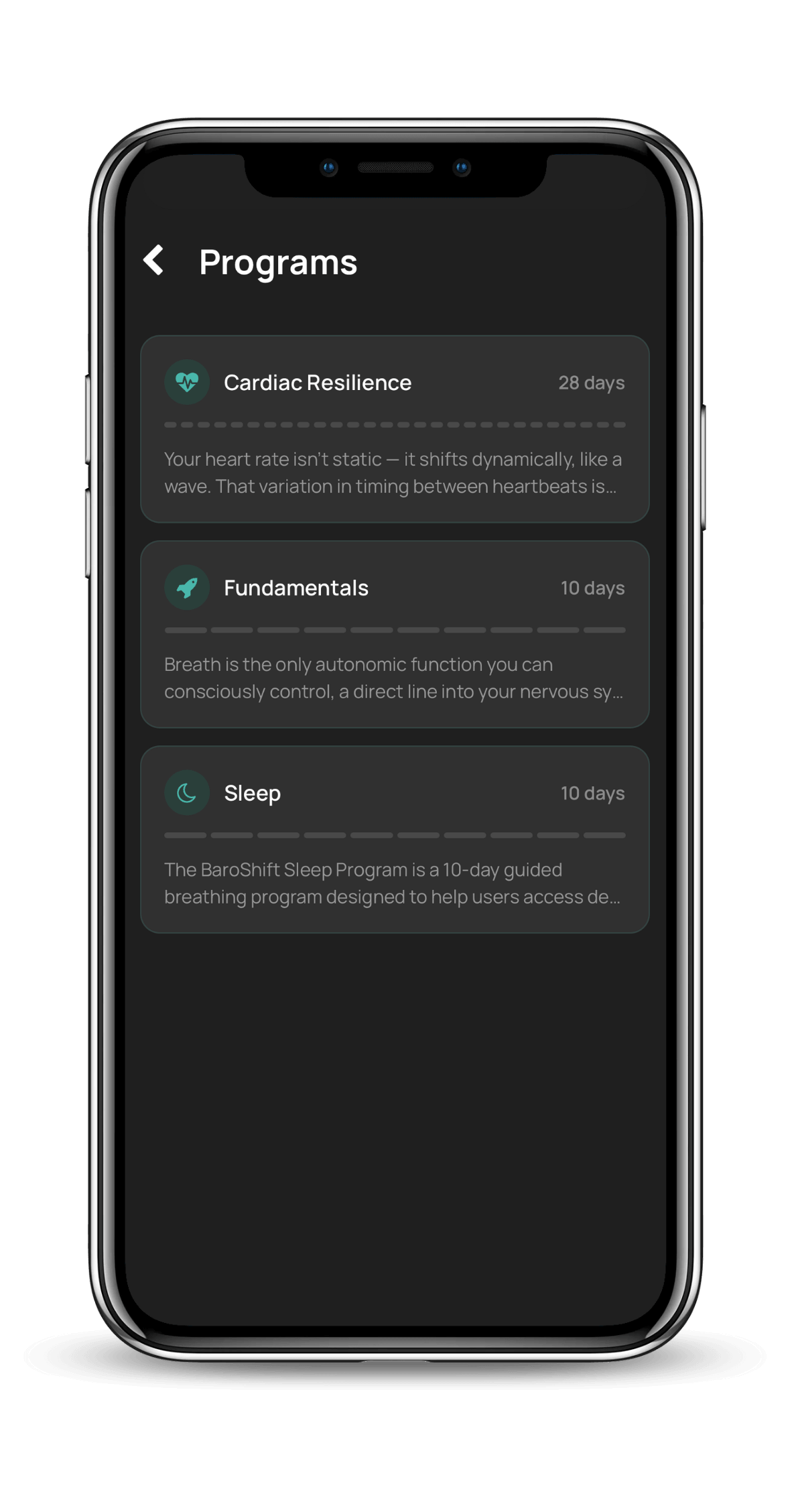 BaroShift app programs screen listing Cardiac Resilience, Fundamentals, and Sleep tracks