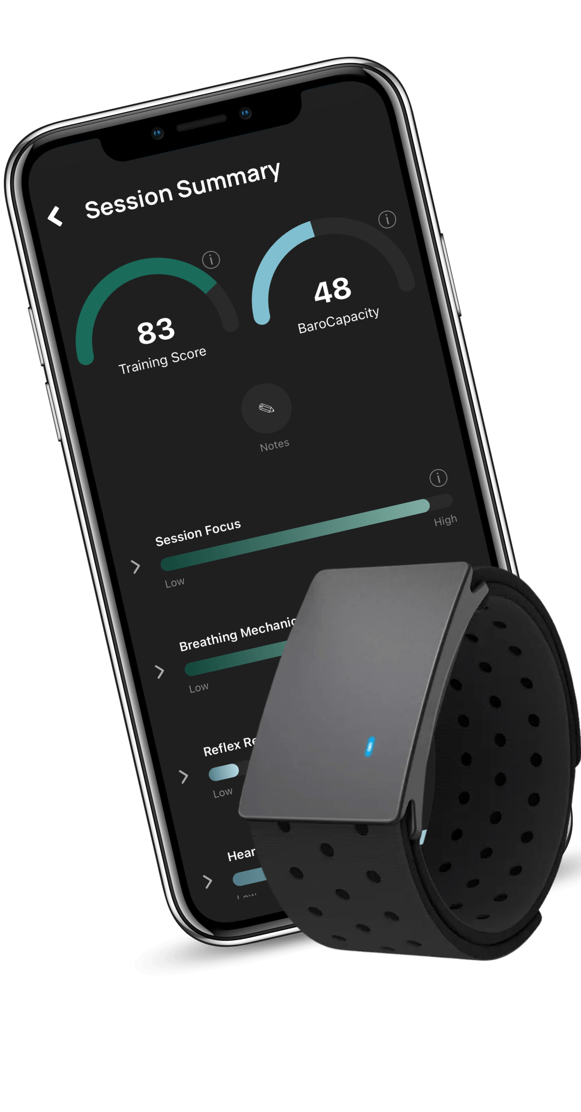 BaroShift Momentum Bundle — armband and Session Summary screen showing Training Score and BaroCapacity